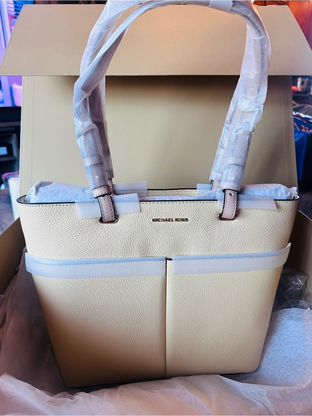Michael Kors Cream Pebbled Leather Tote with Gold Logo
